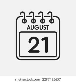 Minimal icon page calendar - 21 August. Vector illustration day of the month. 21th day of month Sunday, Monday, Tuesday, Wednesday, Thursday, Friday, Saturday. Template for anniversary, reminder, plan