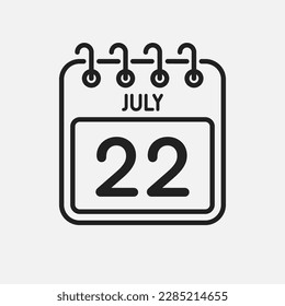 Minimal icon page calendar - 22 July. Vector illustration day of the month. 22th day of month Sunday, Monday, Tuesday, Wednesday, Thursday, Friday, Saturday. Template for anniversary, reminder, plan