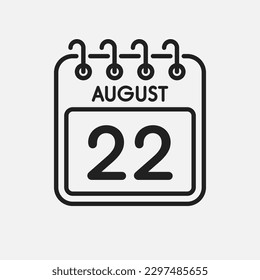 Minimal icon page calendar - 22 August. Vector illustration day of the month. 22th day of month Sunday, Monday, Tuesday, Wednesday, Thursday, Friday, Saturday. Template for anniversary, reminder, plan