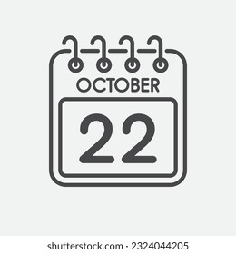 Minimal icon page calendar - 22 October. Vector illustration day of the month. 22th day of month Sunday, Monday, Tuesday, Wednesday, Thursday, Friday, Saturday. Template for anniversary, reminder plan