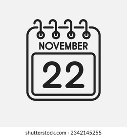 Minimal icon page calendar - 22 November. Vector illustration day of month. 22th day of month Sunday, Monday, Tuesday, Wednesday, Thursday, Friday, Saturday. Template for anniversary, reminder, plan