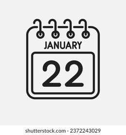 Minimal icon page calendar - 22 January. Vector illustration day of month. 22th day of month Sunday, Monday, Tuesday, Wednesday, Thursday, Friday, Saturday. Template for anniversary, reminder, plan