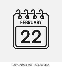 Minimal icon page calendar - 22 February. Vector illustration day of month. 22th day of month Sunday, Monday, Tuesday, Wednesday, Thursday, Friday, Saturday. Template for anniversary, reminder, plan