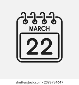 Minimal icon page calendar - 22 March. Vector illustration day of month. 22th day of month Sunday, Monday, Tuesday, Wednesday, Thursday, Friday, Saturday. Template for anniversary, reminder, plan