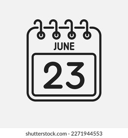 Minimal icon page calendar - 23 June. Vector illustration day of the month. 23th day of month Sunday, Monday, Tuesday, Wednesday, Thursday, Friday, Saturday. Template for anniversary, reminder, plan