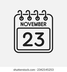 Minimal icon page calendar - 23 November. Vector illustration day of month. 23th day of month Sunday, Monday, Tuesday, Wednesday, Thursday, Friday, Saturday. Template for anniversary, reminder, plan