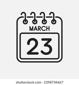 Minimal icon page calendar - 23 March. Vector illustration day of month. 23th day of month Sunday, Monday, Tuesday, Wednesday, Thursday, Friday, Saturday. Template for anniversary, reminder, plan