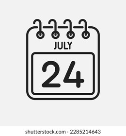 Minimal icon page calendar - 24 July. Vector illustration day of the month. 24th day of month Sunday, Monday, Tuesday, Wednesday, Thursday, Friday, Saturday. Template for anniversary, reminder, plan
