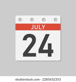 Minimal icon page calendar - 24 July. Vector illustration day of the month. 24th day of month Sunday, Monday, Tuesday, Wednesday, Thursday, Friday, Saturday. Template for anniversary, reminder, plan