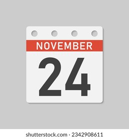 Minimal icon page calendar - 24 November. Vector illustration day of month. 24th day of month Sunday, Monday, Tuesday, Wednesday, Thursday, Friday, Saturday. Template for anniversary, reminder, plan