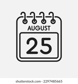 Minimal icon page calendar - 25 August. Vector illustration day of the month. 25th day of month Sunday, Monday, Tuesday, Wednesday, Thursday, Friday, Saturday. Template for anniversary, reminder, plan