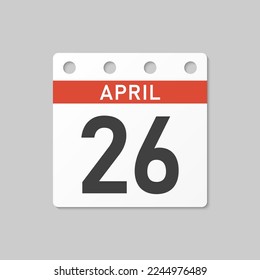 Minimal icon page calendar - 26 April. Vector illustration day of the month. 26th day of month Sunday, Monday, Tuesday, Wednesday, Thursday, Friday, Saturday. Template for anniversary, reminder, plan