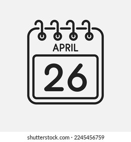 Minimal icon page calendar - 26 April. Vector illustration day of the month. 26th day of month Sunday, Monday, Tuesday, Wednesday, Thursday, Friday, Saturday. Template for anniversary, reminder, plan