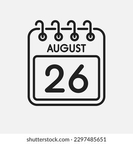 Minimal icon page calendar - 26 August. Vector illustration day of the month. 26th day of month Sunday, Monday, Tuesday, Wednesday, Thursday, Friday, Saturday. Template for anniversary, reminder, plan