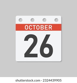 Minimal icon page calendar - 26 October. Vector illustration day of the month. 26th day of month Sunday, Monday, Tuesday, Wednesday, Thursday, Friday, Saturday. Template for anniversary, reminder plan