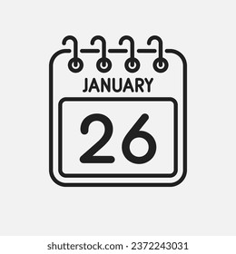 Minimal icon page calendar - 26 January. Vector illustration day of month. 26th day of month Sunday, Monday, Tuesday, Wednesday, Thursday, Friday, Saturday. Template for anniversary, reminder, plan