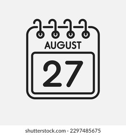Minimal icon page calendar - 27 August. Vector illustration day of the month. 27th day of month Sunday, Monday, Tuesday, Wednesday, Thursday, Friday, Saturday. Template for anniversary, reminder, plan svg
