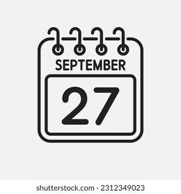 Minimal icon page calendar - 27 September. Vector illustration day of month. 27th day of month Sunday, Monday, Tuesday, Wednesday, Thursday, Friday, Saturday. Template for anniversary, reminder, plan
