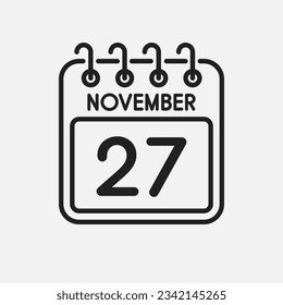 Minimal icon page calendar - 27 November. Vector illustration day of month. 27th day of month Sunday, Monday, Tuesday, Wednesday, Thursday, Friday, Saturday. Template for anniversary, reminder, plan