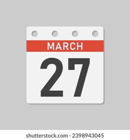 Minimal icon page calendar - 27 March. Vector illustration day of month. 27th day of month Sunday, Monday, Tuesday, Wednesday, Thursday, Friday, Saturday. Template for anniversary, reminder, plan