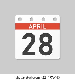 Minimal icon page calendar - 28 April. Vector illustration day of the month. 28th day of month Sunday, Monday, Tuesday, Wednesday, Thursday, Friday, Saturday. Template for anniversary, reminder, plan