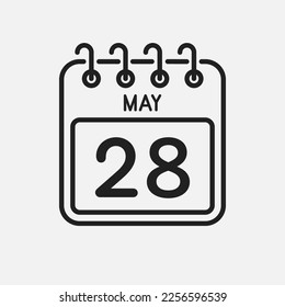 Minimal icon page calendar - 28 May. Vector illustration day of the month. 28th day of month Sunday, Monday, Tuesday, Wednesday, Thursday, Friday, Saturday. Template for anniversary, reminder, plan