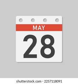 Minimal icon page calendar - 28 May. Vector illustration day of the month. 28th day of month Sunday, Monday, Tuesday, Wednesday, Thursday, Friday, Saturday. Template for anniversary, reminder, plan