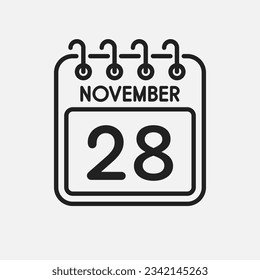 Minimal icon page calendar - 28 November. Vector illustration day of month. 28th day of month Sunday, Monday, Tuesday, Wednesday, Thursday, Friday, Saturday. Template for anniversary, reminder, plan