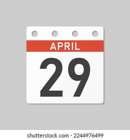 Minimal icon page calendar - 29 April. Vector illustration day of the month. 29th day of month Sunday, Monday, Tuesday, Wednesday, Thursday, Friday, Saturday. Template for anniversary, reminder, plan