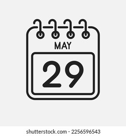 Minimal icon page calendar - 29 May. Vector illustration day of the month. 29th day of month Sunday, Monday, Tuesday, Wednesday, Thursday, Friday, Saturday. Template for anniversary, reminder, plan