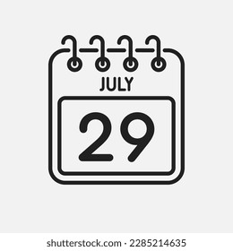 Minimal icon page calendar - 29 July. Vector illustration day of the month. 29th day of month Sunday, Monday, Tuesday, Wednesday, Thursday, Friday, Saturday. Template for anniversary, reminder, plan
