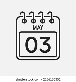 Minimal icon page calendar - 3 May. Vector illustration day of the month. 3th day of month Sunday, Monday, Tuesday, Wednesday, Thursday, Friday, Saturday. Template for anniversary, reminder, plan