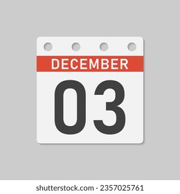 Minimal icon page calendar - 3 December. Vector illustration day of the month. 3th day of month Sunday, Monday, Tuesday, Wednesday, Thursday, Friday, Saturday. Template for anniversary, reminder, plan