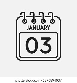 Minimal icon page calendar - 3 January. Vector illustration day of the month. 3rd day of month Sunday, Monday, Tuesday, Wednesday, Thursday, Friday, Saturday. Template for anniversary, reminder, plan