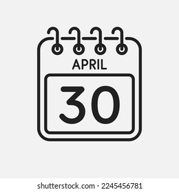 Minimal icon page calendar - 30 April. Vector illustration day of the month. 30th day of month Sunday, Monday, Tuesday, Wednesday, Thursday, Friday, Saturday. Template for anniversary, reminder, plan