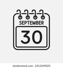 Minimal icon page calendar - 30 September. Vector illustration day of month. 30th day of month Sunday, Monday, Tuesday, Wednesday, Thursday, Friday, Saturday. Template for anniversary, reminder, plan
