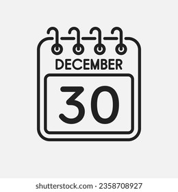 Minimal icon page calendar - 30 December. Vector illustration day of the month. 30th day of month Sunday, Monday, Tuesday, Wednesday, Thursday, Friday, Saturday. Templateanniversary, reminder, plan