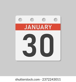 Minimal icon page calendar - 30 January. Vector illustration day of month. 30th day of month Sunday, Monday, Tuesday, Wednesday, Thursday, Friday, Saturday. Template for anniversary, reminder, plan