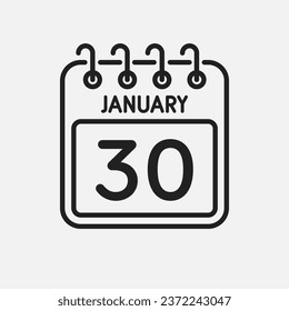 Minimal icon page calendar - 30 January. Vector illustration day of month. 30th day of month Sunday, Monday, Tuesday, Wednesday, Thursday, Friday, Saturday. Template for anniversary, reminder, plan