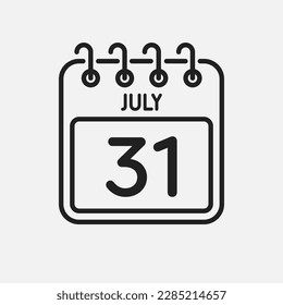 Minimal icon page calendar - 31 July. Vector illustration day of the month. 31th day of month Sunday, Monday, Tuesday, Wednesday, Thursday, Friday, Saturday. Template for anniversary, reminder, plan