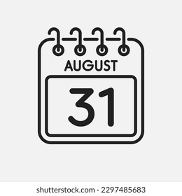 Minimal icon page calendar - 31 August. Vector illustration day of the month. 31th day of month Sunday, Monday, Tuesday, Wednesday, Thursday, Friday, Saturday. Template for anniversary, reminder, plan