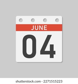 Minimal icon page calendar - 4 June. Vector illustration day of the month. 4th day of month Sunday, Monday, Tuesday, Wednesday, Thursday, Friday, Saturday. Template for anniversary, reminder, plan