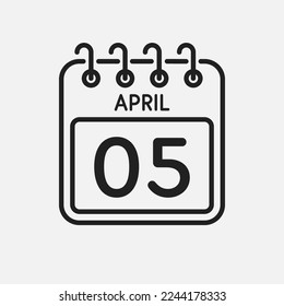 Minimal icon page calendar - 5 April. Vector illustration day of the month. 5th day of month Sunday, Monday, Tuesday, Wednesday, Thursday, Friday, Saturday. Template for anniversary, reminder, plan