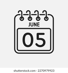 Minimal icon page calendar - 5 June. Vector illustration day of the month. 5th day of month Sunday, Monday, Tuesday, Wednesday, Thursday, Friday, Saturday. Template for anniversary, reminder, plan