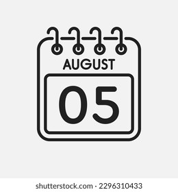 Minimal icon page calendar - 5 August. Vector illustration day of the month. 5th day of month Sunday, Monday, Tuesday, Wednesday, Thursday, Friday, Saturday. Template for anniversary, reminder, plan