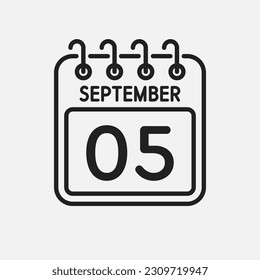 Minimal icon page calendar - 5 September. Vector illustration day of month. 5th day of month Sunday, Monday, Tuesday, Wednesday, Thursday, Friday, Saturday. Template for anniversary, reminder, plan