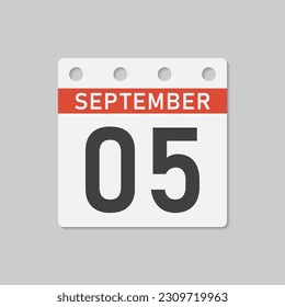 Minimal icon page calendar - 5 September. Vector illustration day of month. 5th day of month Sunday, Monday, Tuesday, Wednesday, Thursday, Friday, Saturday. Template for anniversary, reminder, plan