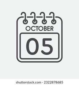 Minimal icon page calendar - 5 October. Vector illustration day of the month. 5th day of month Sunday, Monday, Tuesday, Wednesday, Thursday, Friday, Saturday. Template for anniversary, reminder, plan