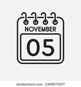 Minimal icon page calendar - 5 November. Vector illustration day of month. 5th day of month Sunday, Monday, Tuesday, Wednesday, Thursday, Friday, Saturday. Template for anniversary, reminder, plan