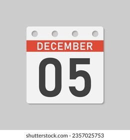 Minimal icon page calendar - 5 December. Vector illustration day of the month. 5th day of month Sunday, Monday, Tuesday, Wednesday, Thursday, Friday, Saturday. Template for anniversary, reminder, plan